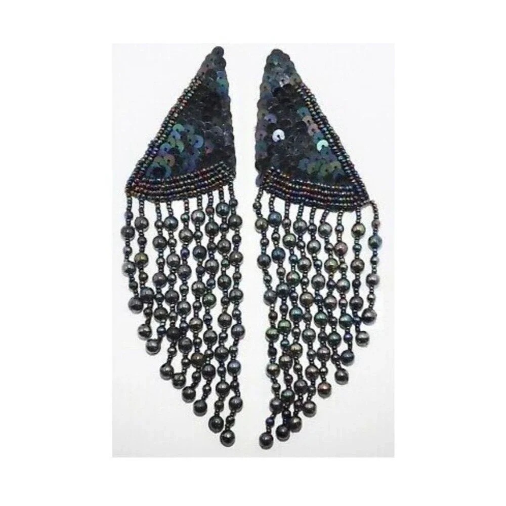 Vintage 80s Glass Beaded Iridescent Peacock Fringe Statement Runway Earrings 6